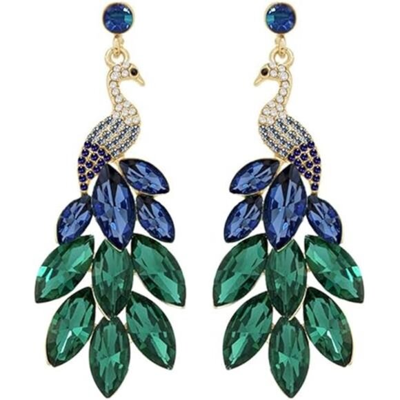 Peacock Dangle Earrings 14K Gold Plated Multicolors Crystal Feather - Picture 9 of 11